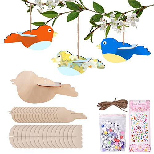 16 Stück 3D Vögel aus Holz 3D Vögel Deko Holz Bastelset Kreative Kunst und DIY Handwerk für Kinder, holzfarben mit Eine Rolle mit 5 Metern Hanfseil, 100 Ösen, 20 kleine Kugeln, ein Bohreraufkleber von Zaleonline