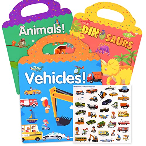 Surcotto Stickerbuch ab 2 Jahre, Wiederverwendbare Sticker Bücher (Fahrzeuge+Tiere+Dinosaurier) für Kinder ab 2 Jahre, wasserfest von Surcotto