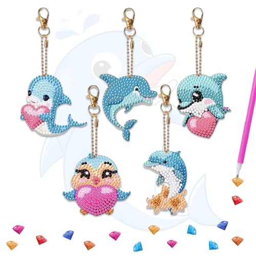 Zamety 5 Stück Diamond Painting Anhänger, Diamond Painting Schlüsselanhänger, DIY Delfin Schlüsselanhänger, Diamant Crystal Art für Kinder und Erwachsene von Zamety
