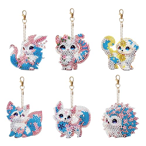 Zamety 6 Stück Diamond Painting Schlüsselanhänger 5D Diamond Painting Tiere Set Diamant Painting Anhänger Fuchs DIY Diamant Malerei Keychain Geschenke für Mädchen Erwachsene zum Tasche Rucksack Deko von Zamety
