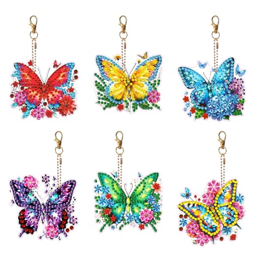 Zamety 6 Stück Diamond Painting Schlüsselanhänger Diamond Painting Schmetterling Set 5D Diamant Painting Bilder Kinder Bastelset Erwachsene DIY Geschenke Diamant Malerei Anhänger für Tasche Rucksack von Zamety