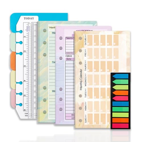 Zamety Ringbuch A6 Nachfüllbar, 6 Löcher A6 Papier 56 Wochenkarten, 14 Monatskarten, 14 Budget Planner, 1 Trennblätter, 200 Haftstreifen, 1 Reißverschlussbeutel, Lineal 15cm von Zamety