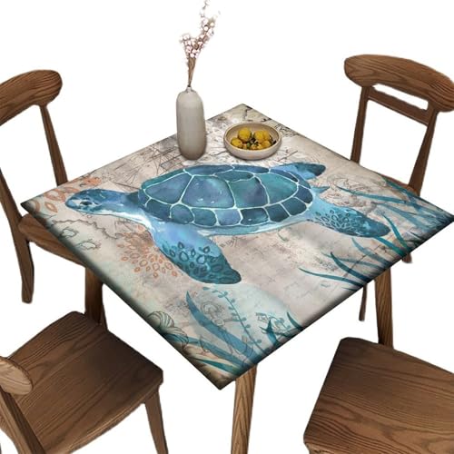 Zamutil Ocean Quadratische Tischdecke mit elastischem Rand, blaue Meeresschildkröte, Polyester-Tischdecke, für drinnen und draußen, Terrasse, Party, Esszimmer, passend für 91,4 x 91,4 cm große von Zamutil
