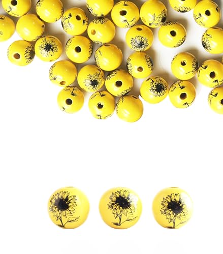 Sonnenblumen-Holzperlen, 20 mm, runde Sommerblumen-Perlen für Bastelarbeiten, Girlanden, Schmuckherstellung, Armbänder, Party-Dekoration, Gelb, 100 Stück von Zanceamy