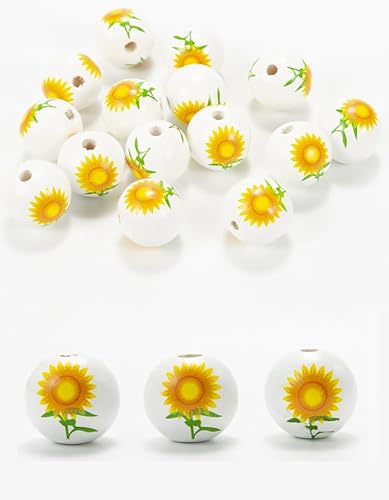 Sonnenblumen-Holzperlen, 20 mm, runde Sommerblumen-Perlen für Bastelarbeiten, Girlanden, Schmuckherstellung, Armbänder, Party-Dekoration, Weiß, 100 Stück von Zanceamy