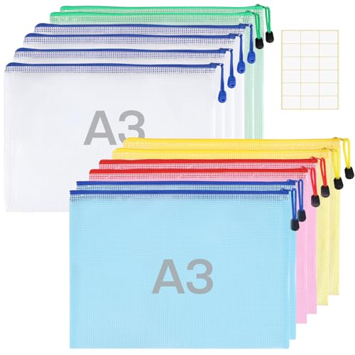 12 Stück Wasserdichte Dokumententasche A3 - Zanfqvo Dokumentenmappe A3 Mesh Kunststoff - Beutel mit Reißverschluss und Etiketten - für Datei, Papier, Reise, Schminktasche (5 Farben) von Zanfqvo