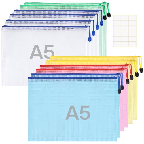 12 Stück Wasserdichte Dokumententasche A5 - Zanfqvo Dokumentenmappe A5 Mesh Kunststoff - Beutel mit Reißverschluss und Etiketten - für Datei, Papier, Reise, Schminktasche (5 Farben) von Zanfqvo