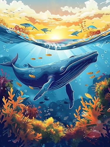 Zariocy 5D Diamond Painting Kits Walfisch, DIY Malerei mit Diamant Kunst Meer Rund Voll Drill Crystal Diamond Stickerei Gemälde Kunsthandwerk für Home Office Wall Decor 30x40cm von Zariocy