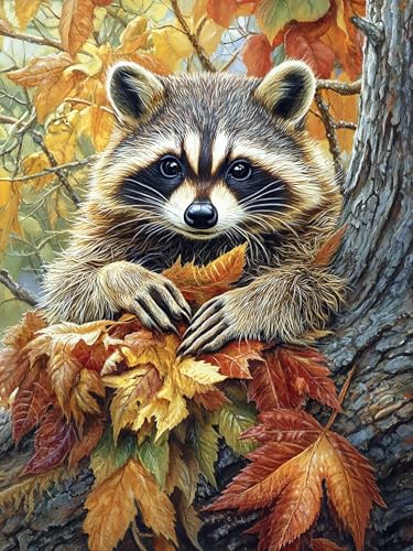 Zariocy 5D Diamond Painting Kits Waschbär, DIY Malen mit Diamantkunst Herbst Round Full Drill Crystal Diamond Stickerei Gemälde Kunsthandwerk für Home Office Wall Decor 30x40 cm von Zariocy