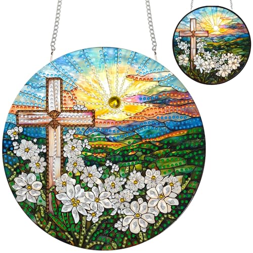 Zariocy Diamond Painting Anhänger - Blick auf das Kreuz Fenster deko Hängen, Fenster für Haus Garten (Haustür, Veranda) - DIY Diamantkunst Anhänger Kit für Erwachsene 20x20 cm von Zariocy