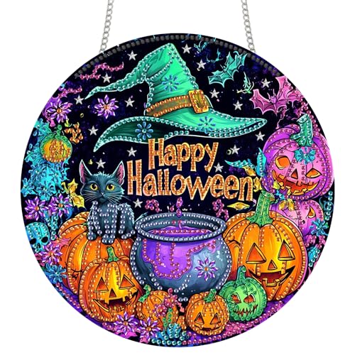 Zariocy Diamond Painting Anhänger - Bunte Kürbisse Halloween Fenster deko Hängen, Fenster für Haus Garten (Haustür, Veranda) - DIY Diamantkunst Anhänger Kit für Erwachsene 20x20 cm von Zariocy
