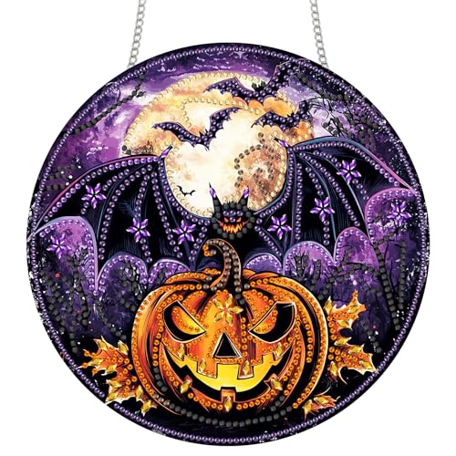 Zariocy Diamond Painting Anhänger - Fledermauskürbis Halloween Fenster deko Hängen, Fenster für Haus Garten (Haustür, Veranda) - DIY Diamantkunst Anhänger Kit für Erwachsene 20x20 cm von Zariocy