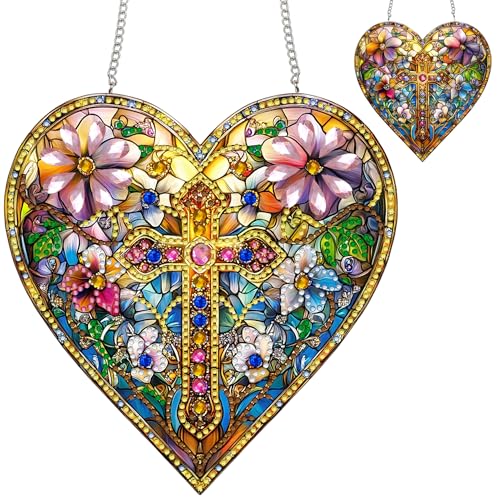 Zariocy Diamond Painting Anhänger - Herzförmiges Kreuz Fenster deko Hängen, Fenster für Haus Garten (Haustür, Veranda) - DIY Diamantkunst Anhänger Kit für Erwachsene 20x20 cm von Zariocy