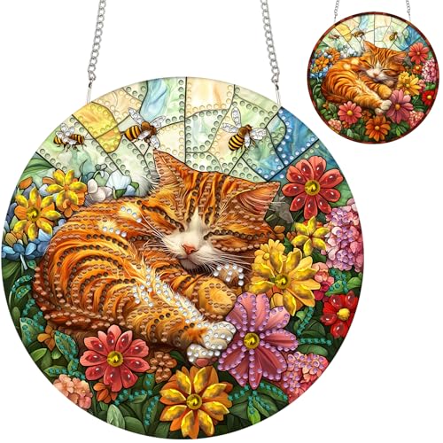 Zariocy Diamond Painting Anhänger - Katze Tier Fenster deko Hängen, Fenster für Haus Garten (Haustür, Veranda) - DIY Diamantkunst Anhänger Kit für Erwachsene 20x20 cm von Zariocy