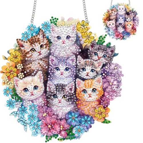 Zariocy Diamond Painting Anhänger - Katzen Tier Fenster deko Hängen, Fenster für Haus Garten (Haustür, Veranda) - DIY Diamantkunst Anhänger Kit für Erwachsene 20x20 cm von Zariocy