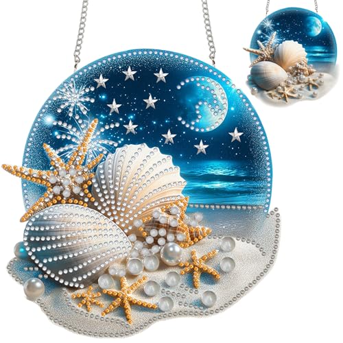 Zariocy Diamond Painting Anhänger - Muscheln Meereslandschaft Fenster deko Hängen, Fenster für Haus Garten (Haustür, Veranda) - DIY Diamantkunst Anhänger Kit für Erwachsene 20x20 cm von Zariocy