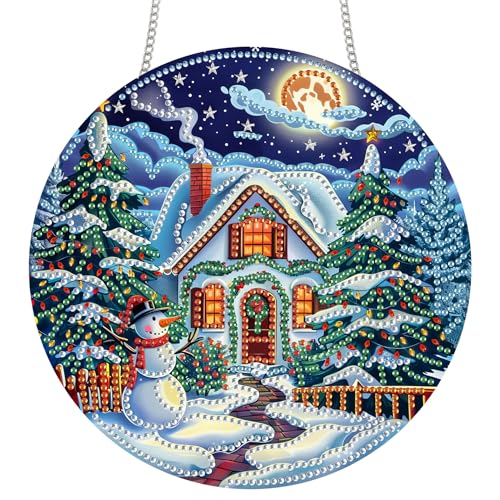 Zariocy Diamond Painting Anhänger - Schneemann Weihnachtsbaum Fenster deko Hängen, Fenster für Haus Garten (Haustür, Veranda) - DIY Diamantkunst Anhänger Kit für Erwachsene 20x20 cm von Zariocy