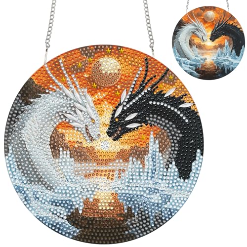 Zariocy Diamond Painting Anhänger - Weißer Schwarzer Drache Tiere Fenster deko Hängen, Lichtfänger für Haus Haus (Haustür, Veranda) - DIY Diamantkunst Anhänger Kit für Erwachsene 20x20 cm von Zariocy