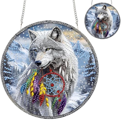 Zariocy Diamond Painting Anhänger - Wolf Tiere Fenster deko Hängen, Lichtfänger für Haus Garten Büro (Haustür, Veranda, Wanddeko) - DIY Diamantkunst Anhänger Kit für Erwachsene 20x20 cm von Zariocy