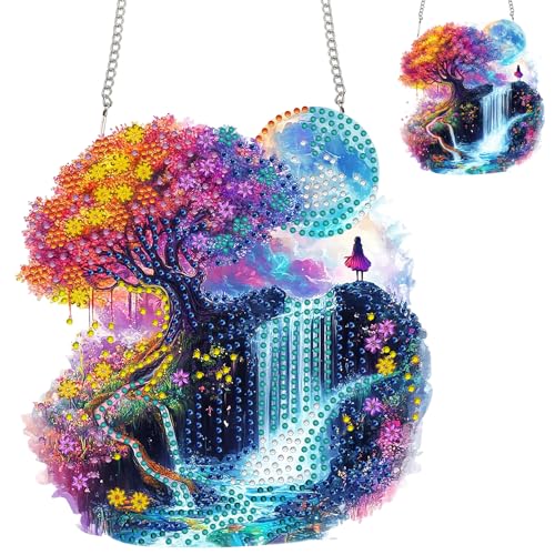Zariocy Diamond Painting Anhänger - Bunter Baum Blume Landschaften Fenster deko Hängen, Lichtfänger für Haus (Haustür, Veranda) - DIY Diamantkunst Anhänger Kit für Erwachsene 20x20 cm von Zariocy