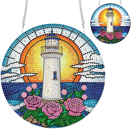 Zariocy Diamond Painting Anhänger - Leuchtturm Blume Landschaften Fenster deko Hängen, Lichtfänger für Haus (Haustür, Veranda) - DIY Diamantkunst Anhänger Kit für Erwachsene 20x20 cm von Zariocy