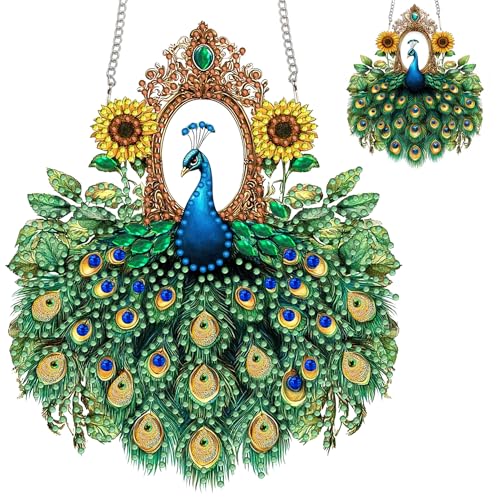 Zariocy Diamond Painting Anhänger - Pfau Sonnenblume Tiere Fenster deko Hängen, Lichtfänger für Haus Haus Garten (Haustür, Veranda) - DIY Diamantkunst Anhänger Kit für Erwachsene 20x20 cm von Zariocy