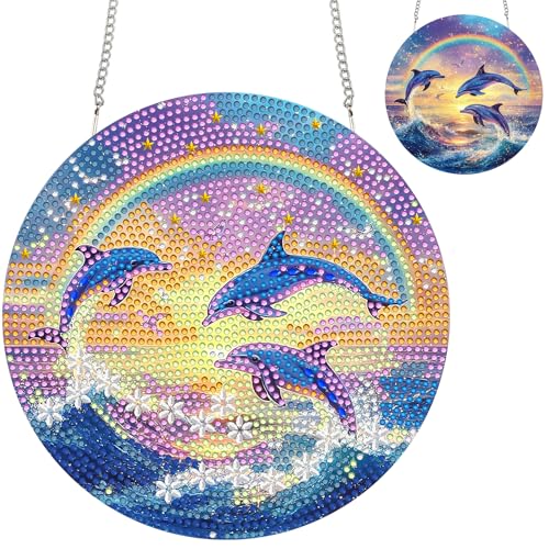 Zariocy Diamond Painting Pendant Suncatcher - Regenbogen Delfin Meerestiere Fenster deko hängen, Lichtfänger für Haus (Haustür, Veranda) - DIY Diamantkunst Anhänger Kit für Erwachsene 20x20 cm von Zariocy