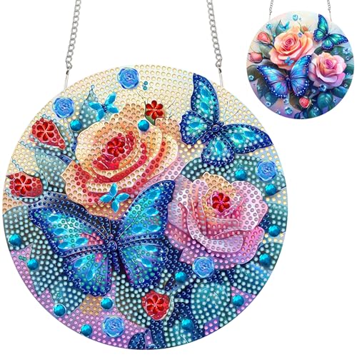 Zariocy Diamond Painting Anhänger - Rosa Rosen Schmetterlinge Fenster deko Hängen, Lichtfänger für Haus (Haustür, Veranda) - DIY Diamantkunst Anhänger Kit für Erwachsene 20x20 cm von Zariocy