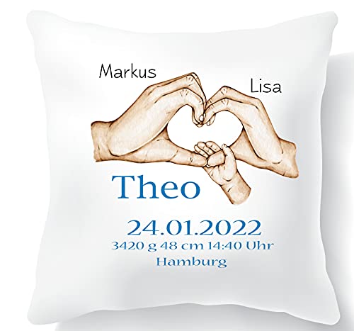 Zarto® Personalisierte Geschenke Baby Geburt - für Junge personalisiert - individualisiertes Namenskissen mit Geburtsdaten - Baby Kissen mit Namen (Hellblau) von Zarto