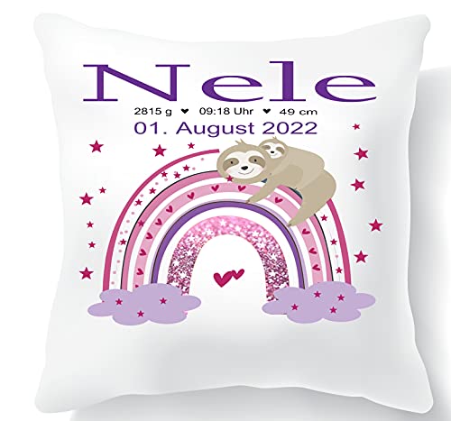 Zarto Babygeschenk mit Geburtsdaten personalisiert - Kissen mit Namen als Geschenk zur Geburt oder Taufe - Namenskissen für Baby's Jungen & Mädchen (Regenbogen) von Zarto