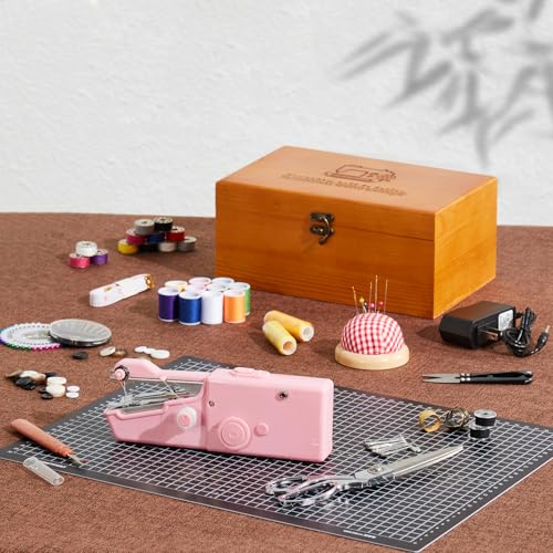 Handnähmaschine, Handnähmaschine Mini Tragbar Schnurlos, Perfekt für Erwachsene, Anfänger, Kinder DIY, Heim- und Reise, Nähkästchen aus Holz mit 153 Nähzubehör von Zasidler