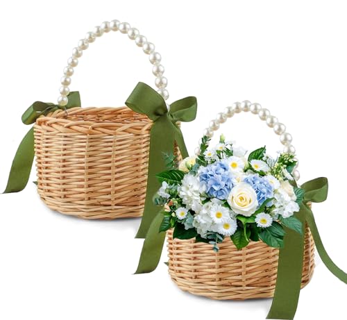 Zasiene 2 Stück Blumenkörbchen Hochzeit Kleiner Korb mit Henkel Blumenmädchen Korb Streukörbchen Hochzeit Mini Geflochtener Blumenkorb Weidenkorb mit Henkel Klein Für Hochzeitsdekor und Blumen von Zasiene