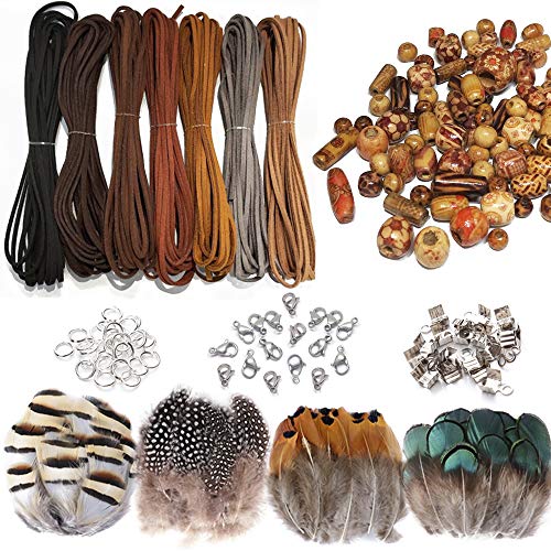 Zasiene 437 Stück Set Lederbänder für Armbänder Lederband Perlen Natur Lederband Flach Lederschnur für DIY Traumfänger Halskette Schmuck mit Gemischten Holzperlen+Drahtendklemmen+Künstliche Fede von Zasiene