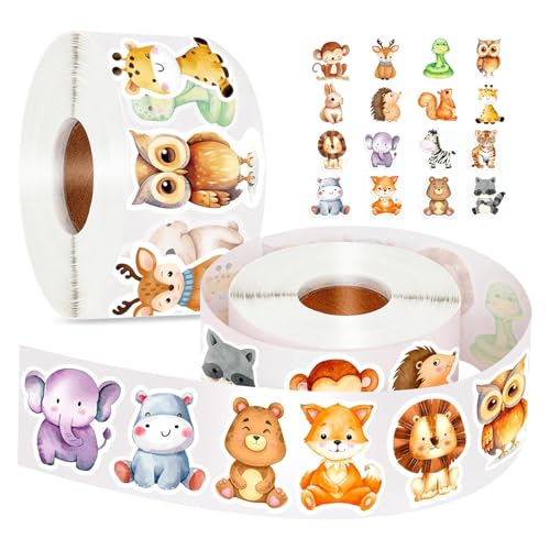 Zasjon 1000 Stück Runde Sticker Tiere Aufkleber Kinder Belohnungsaufkleber Selbstklebend mit 16 Cartoon-tiermotiven, Animal Sticker Kinder für Scrapbooking, DIY Handwerk, Journal, Geschenke von Zasjon