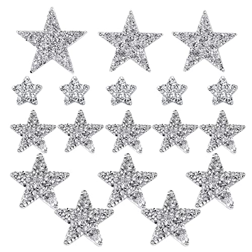 Zasvec Bügelbilder Aufbügler Strass 18 Stück Silber Bügelbild Applikation zum Aufbügeln Strass Fünfzackiger Stern Aufnäher Glitzer Patches Aufnäher für DIY Dekoration 9/8/6/4/2cm von Zasvec