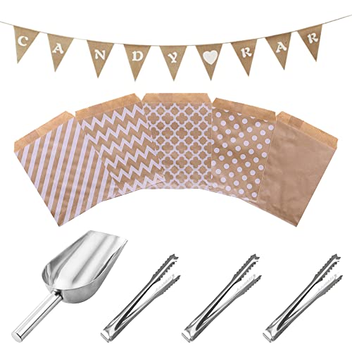 Zasvec Candy Bar Zubehör Set Candy Bar Banner Girlande Sackleinen Wimpelkette mit 50 Stück Papiertüten und Candybar Zuckerzange 4-er Set für Party Hochzeit Geburtstag Decor von Zasvec