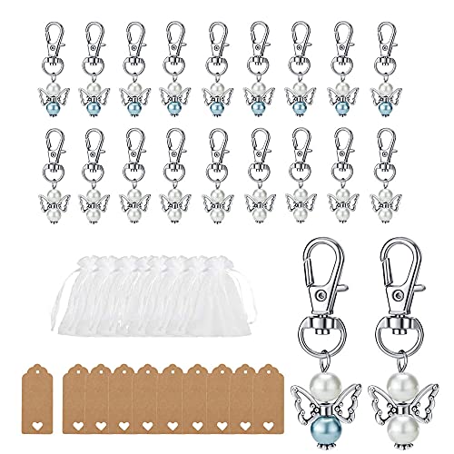 Zasvec Gastgeschenk Engel 20 Stück Schlüsselanhänger Schutzengel 2 Farben Gastgeschenk Taufe Gastgeschenke Kommunion mit Organza Säckchen & Kraftpapieranhänger, Blau und Weiß/Ganz Weiß,5.5 x 2 cm von Zasvec