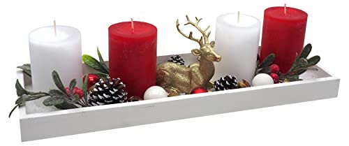 Adventsgesteck Weihnachten Deko Tablett Holz Weiß Kerzen Rot Weiß Hirsch Gold 40cm von ZauberDeko