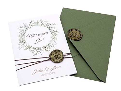 ZauberDeko Einladungskarte Hochzeit Karte Einladung mit Namen Umschlag Grün Siegel Olive von ZauberDeko