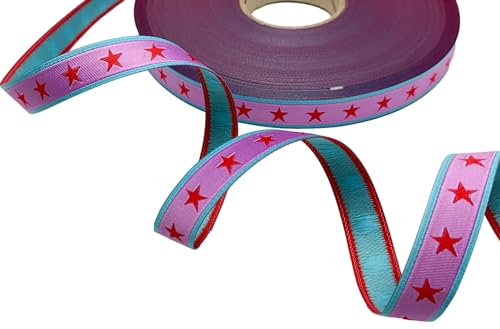 ZauberDrum - Webband Sterne - 1,50 EUR/m - rosa mit türkisem Rand - Sterne rot - 12mm breit, 1m, Meterware, Polyester ZauberDrum - Webband Sterne - 1,50 EUR/m - rosa mit türkisem Rand - Sterne rot - 12mm breit, 1m, Meterware, Polyester von ZauberDrum
