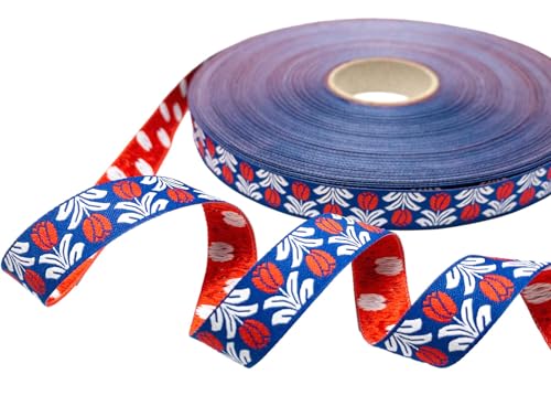 Webband Tulpen blau/rot - 1m - 1,80 EUR/Meter - Meterware - Dala Bloom - jolijou von ZauberDrum