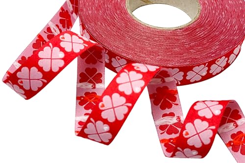 ZauberDrum - Webband Kleeblatt rot/rosa - 1,80 EUR/m - 100% Polyester - Glücksklee - 15mm breit - 1m - Meterware von ZauberDrum