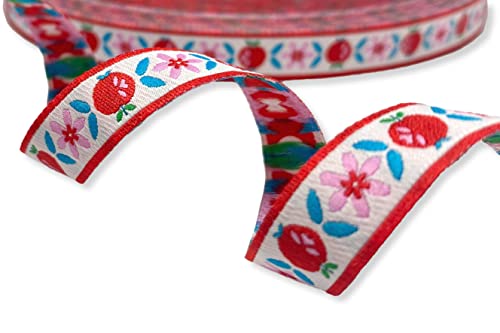 ZauberDrum - Webband mit Äpfeln und Blüten - 1,50 EUR/m - weiß mit rotem Rand - 12mm breit - Meterware ZauberDrum - Webband mit Äpfeln und Blüten - 1,50 EUR/m - weiß mit rotem Rand - 12mm breit - Meterware von ZauberDrum