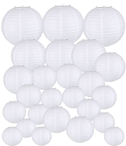 Papierlaterne 30 Stücke Lampions Weiße Papier Laterne Hängende Runde Papierlaternen für Hochzeit Geburtstag Feiern Garten Deko (Verschiedene Größen von 10cm 15cm 20cm 25cm 30cm) von Zawaer