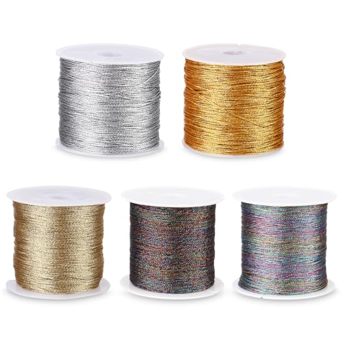 Zaxiva 5 Rollen Schnur für Armbänder, 0.4 mm x 50 m/Rolle, Makramee Schnur, Armband Schnur, 250M Kordel Gold Silbern, für DIY Handwerk, Basteln, Halskette, Schmuckherstellung, Perlen (5 Farben) von Zaxiva