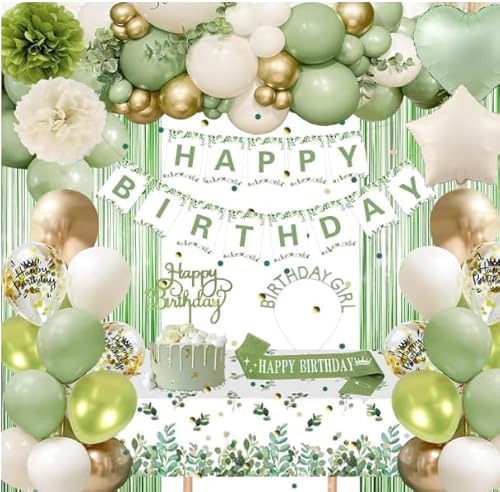 GoldBeige Geburtstagsfeier Deko-Set Happy Birthday Banner, Konfetti-Ballons, Happy Birthday Cake Topper,10g Gold Konfetti Tischdecke,2x 1x2meter Vorhänge (Mint Grün Gold) von ZayNey