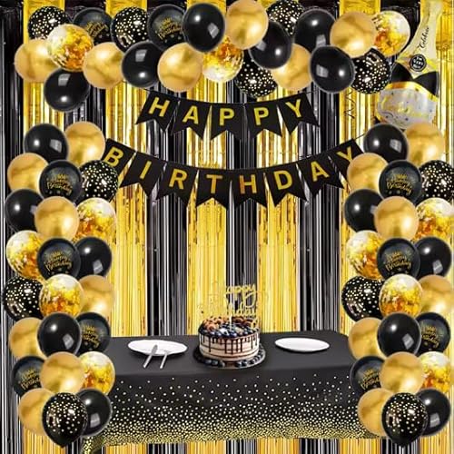 GoldBeige Geburtstagsfeier Deko-Set Happy Birthday Banner, Konfetti-Ballons, Happy Birthday Cake Topper,10g Gold Konfetti Tischdecke,2x 1x2meter Vorhänge (Schwarz Gold) von ZayNey