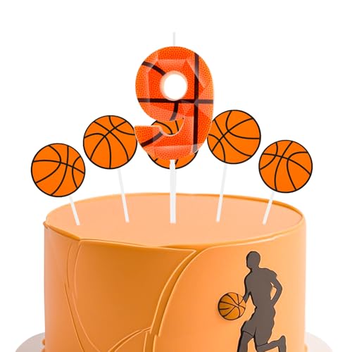 Geburtstagskerzen Basketball 3D entworfen Nummer 9 Kerzen mit 5 Stück Basketball Cardstock Kuchen Topper Dekorationen alles Gute zum Geburtstag Kerze für Mädchen Junge Jahrestag Party Supplies von Zayin