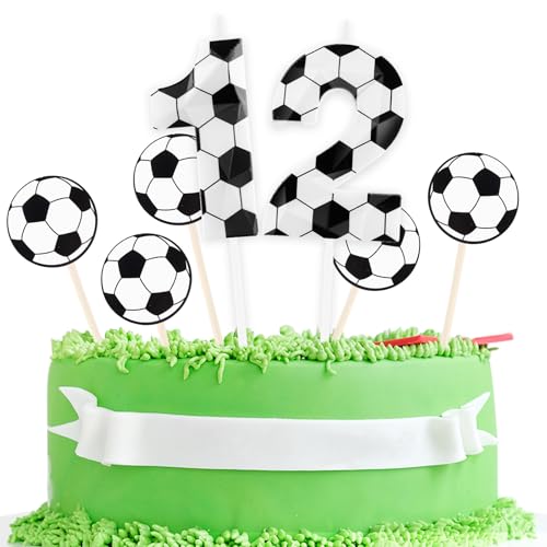 Geburtstagskerzen Fußball 3D entworfen Nummer 12 Kerzen mit 5 Stück Fußball Cardstock Kuchen Topper Dekorationen alles Gute zum Geburtstag Kerze für Mädchen Junge Jahrestag Party Supplies von Zayin