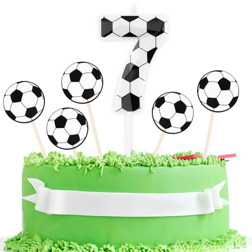 Geburtstagskerzen Fußball 3D entworfen Nummer 7 Kerzen mit 5 Stück Fußball Cardstock Kuchen Topper Dekorationen alles Gute zum Geburtstag Kerze für Mädchen Junge Jahrestag Party Supplies von Zayin